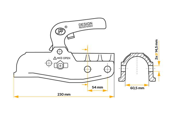 STEELPRESS BC-3500E-00-02+SD kogelkoppeling voor een 3500kg aanhangwagen met een 60,5mm gietijzeren buisdissel