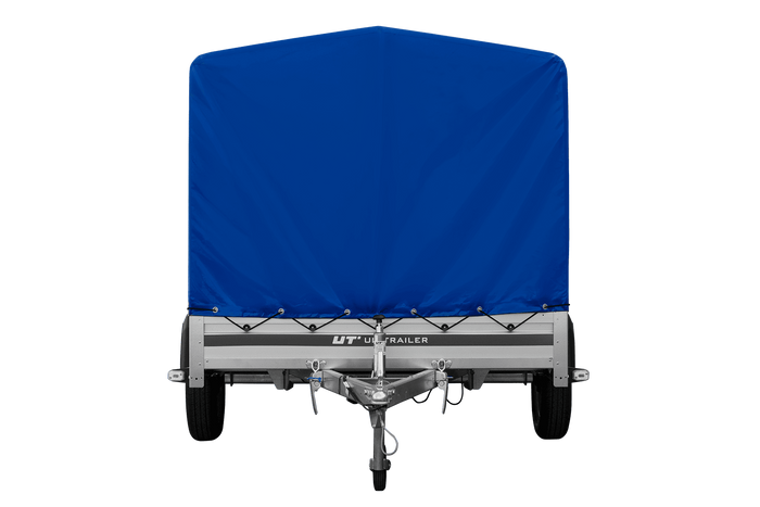 Autoaanhanger met aluminium zijwanden 264x150 Unitrailer Garden 265 KIPP ALU met H-1100 frame en blauwe afdekking