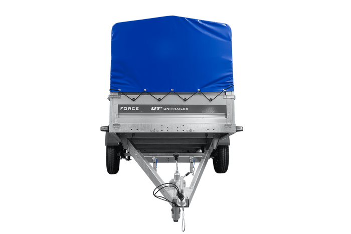 Enkelassige aanhanger op veren 264x125 UNITRAILER FORCE 264/R KIPP met H-800 frame en blauwe afdekking