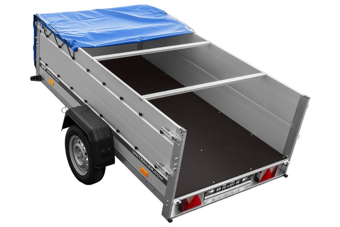 Enkelassige aanhanger met aluminium zijwanden 230x125 Unitrailer Garden 230 KIPP ALU met BIS-zijwanden, H-0 frame en blauwe afdekking