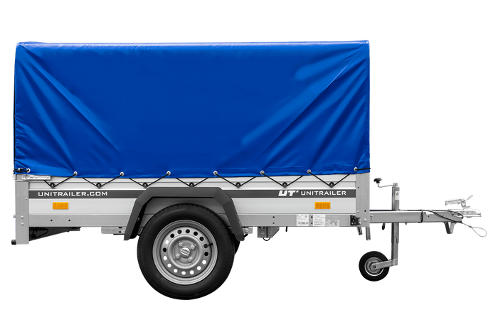 Autoaanhanger op veren met aluminium zijwanden 200x125 Unitrailer Garden 201/R KIPP ALU met H-800 frame en blauwe afdekking