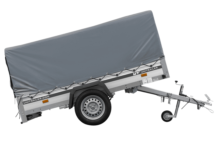 Enkelassige aanhanger op veren met aluminium zijwanden 230x125 Unitrailer Garden 230/R KIPP ALU met H-800 frame en grijze afdekking