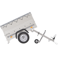 Unitrailer GARDEN TRAILER 150 KIPP met een steunwiel, twee zijkanten en een grijze platte afdekking op een frame