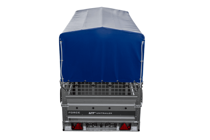 Autotransportaanhanger 264x125 UNITRAILER FORCE 264 KIPP met gaaswanden, H-800 frame en blauwe hoes