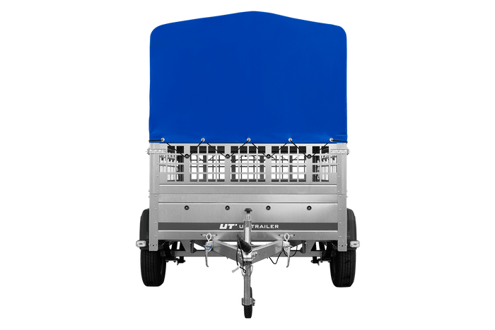 Enkelassige aanhangwagen op veren 200x125 UNITRAILER GARDEN 201/R KIPP met roosterwanden, H-800 frame en blauwe afdekking