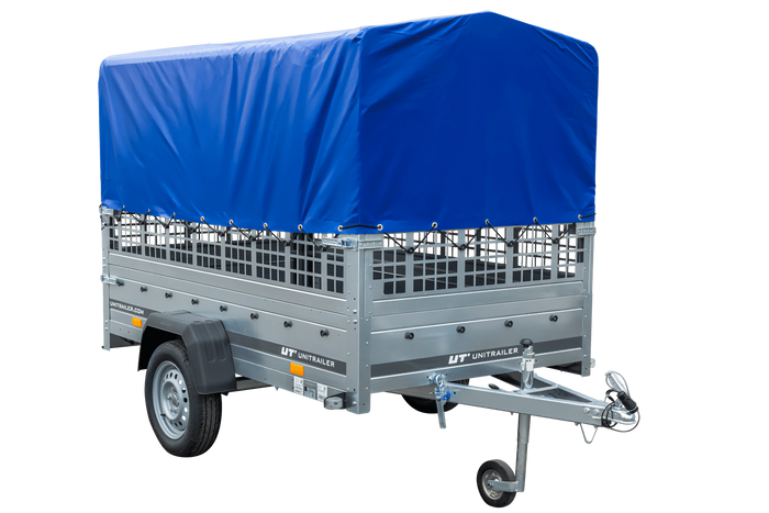 Enkelassige aanhanger 230x125 UNITRAILER GARDEN 230 KIPP met gaaswanden, H-800 frame en blauw dekzeil