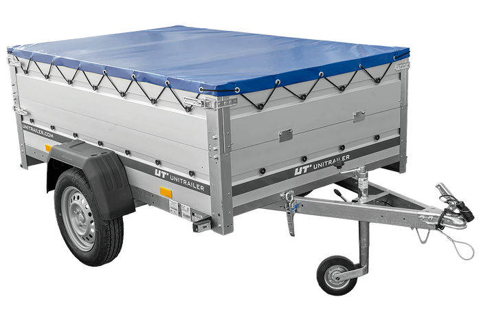 Autoaanhanger met aluminium zijwanden 200x125 Unitrailer Garden 201 KIPP ALU met BIS-zijwanden, H-0 frame en blauwe afdekking