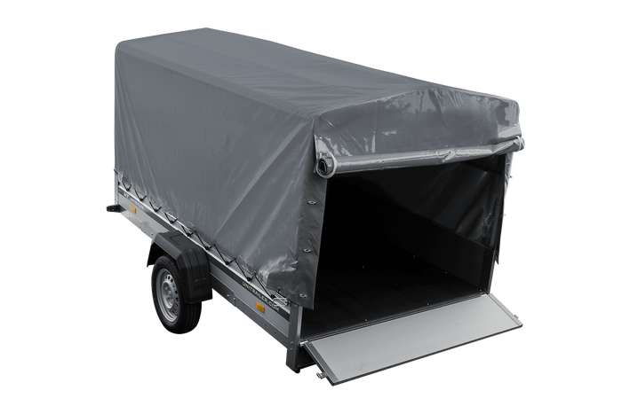 Autoaanhanger met aluminium zijwanden 264x150 Unitrailer Garden 265 KIPP ALU met H-1100 frame en grijze afdekking