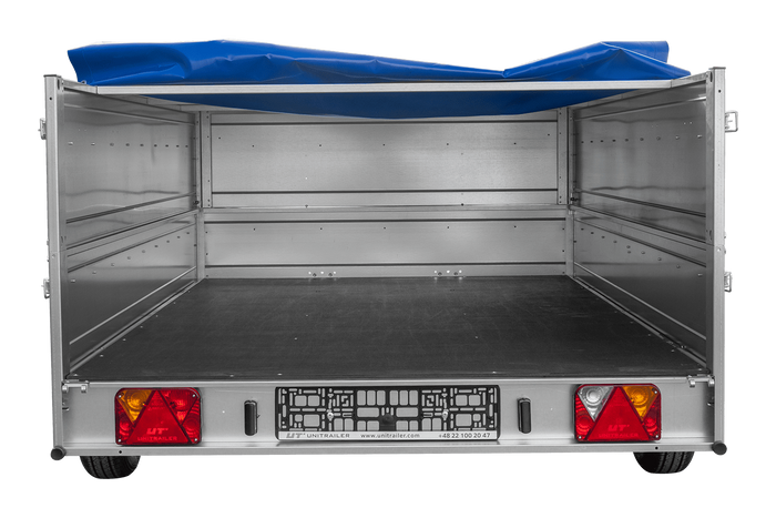 Autotrailer op veren 264x150 UNITRAILER GARDEN 265/R KIPP met BIS-zijwanden, H-0 frame en blauwe afdekking