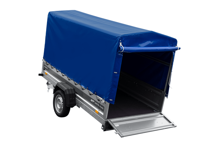 Enkelassige aanhanger op veren 264x125 UNITRAILER FORCE 264/R KIPP met H-1100 frame en blauwe afdekking