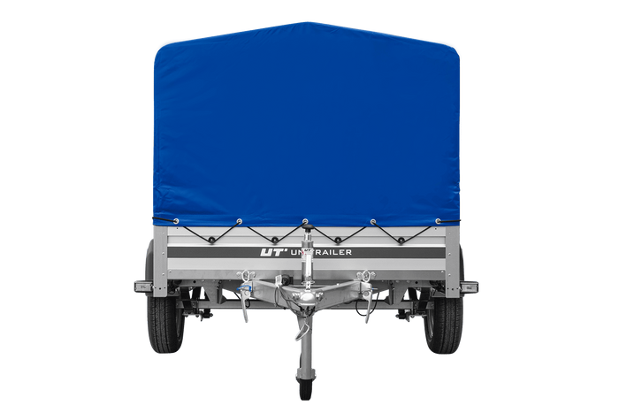 Enkelassige aanhanger op veren met aluminium zijwanden 230x125 Unitrailer Garden 230/R KIPP ALU met H-800 frame en blauwe afdekking