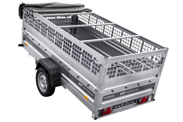 Enkelassige aanhanger op veren 264x125 UNITRAILER FORCE 264/R KIPP met gaaswanden, H-0 frame en grijs dekzeil