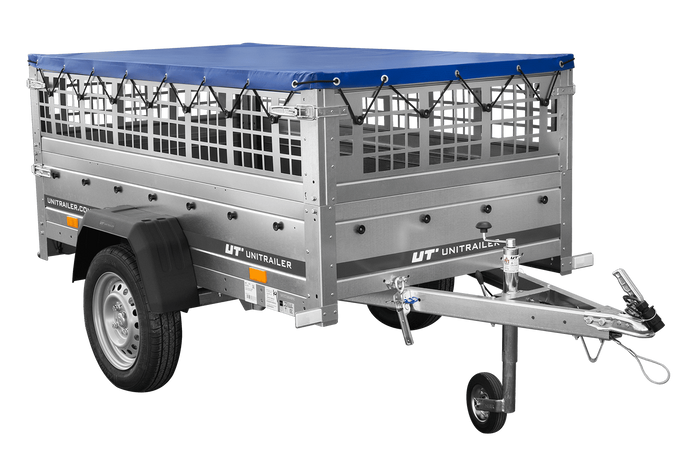 Lichte aanhanger 200x106 UNITRAILER GARDEN 200 KIPP met gaaswanden, H-0 frame en blauwe hoes