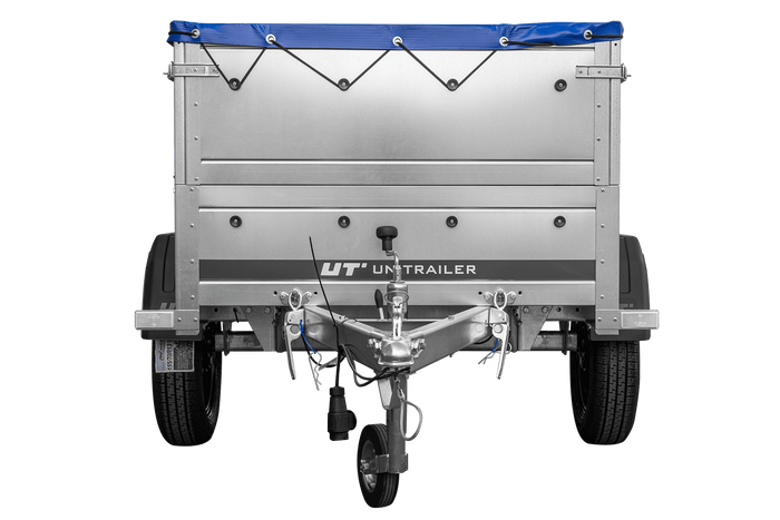 Unitrailer GARDEN TRAILER 150 KIPP met steunwiel, twee zijkanten en blauwe vlakke afdekking