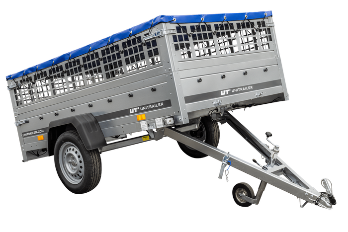 Autoaanhanger 230x125 UNITRAILER GARDEN 230 KIPP met gaaswanden en blauw dekzeil