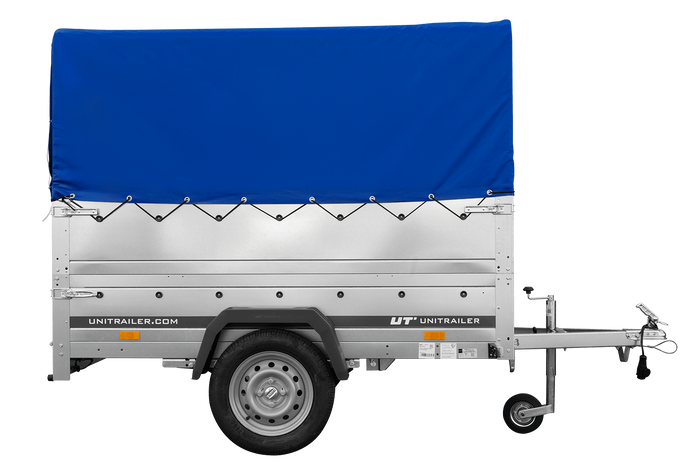 Lichte aanhangwagen op veren 200x125 UNITRAILER GARDEN 201/R KIPP met BIS zijwanden, H-800 frame en blauwe afdekking
