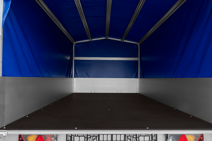 Enkelassige aanhanger met aluminium zijwanden 264x125 Unitrailer Garden 264 KIPP ALU met H-800 frame en blauwe afdekking