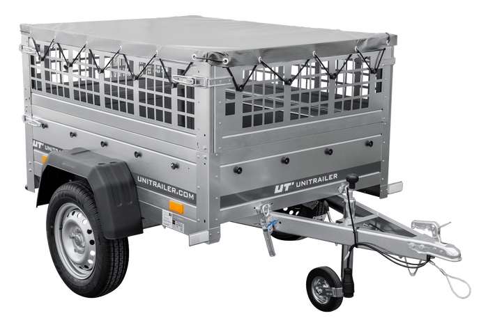 Kleine enkelassige aanhanger Unitrailer GARDEN TRAILER 150 KIPP met steunwiel, gaaswanden en een vlakke grijze kap