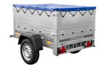 Unitrailer GARDEN TRAILER 150 KIPP met steunwiel, twee zijkanten en blauwe vlakke afdekking