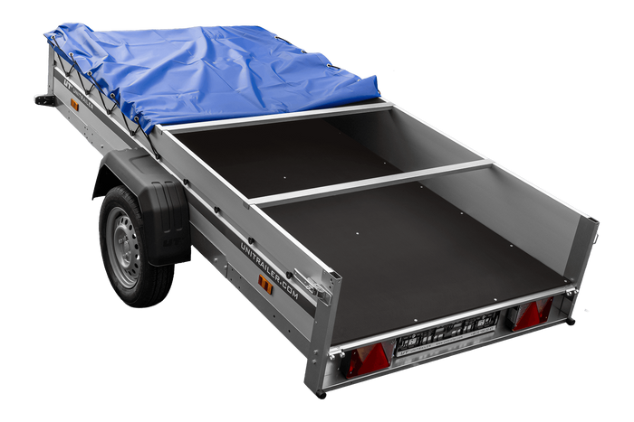 Autoaanhanger met aluminium zijwanden 264x125 Unitrailer Garden 264 KIPP ALU met H-0 frame en blauwe afdekking