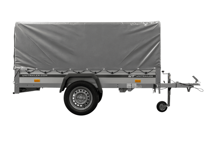 Enkelassige aanhanger met aluminium zijwanden 230x125 Unitrailer Garden 230 KIPP ALU met H-800 frame en grijze afdekking