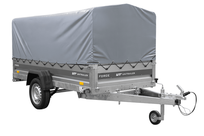 Enkelassige aanhanger op veren 264x125 UNITRAILER FORCE 264/R KIPP met H-800 frame en grijze afdekking
