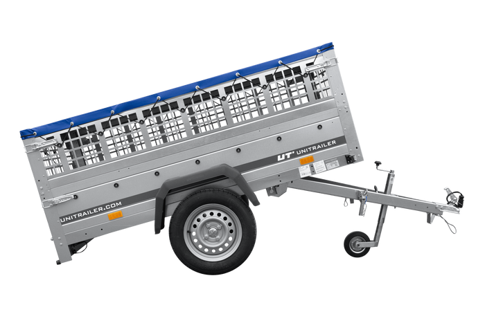 Enkelassige aanhanger 200x125 UNITRAILER GARDEN 201 KIPP met gaaswanden en blauwe afdekking