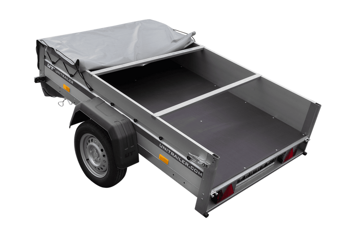 Enkelassige aanhanger met aluminium zijwanden 200x125 Unitrailer Garden 201 KIPP ALU met H-0 frame en grijze afdekking