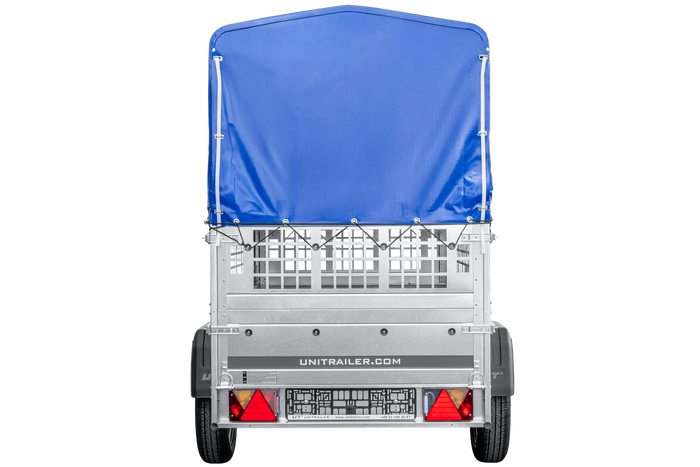 Lichte aanhanger 200x106 UNITRAILER GARDEN 200 KIPP met gaaswanden, H-800 frame en blauwe hoes