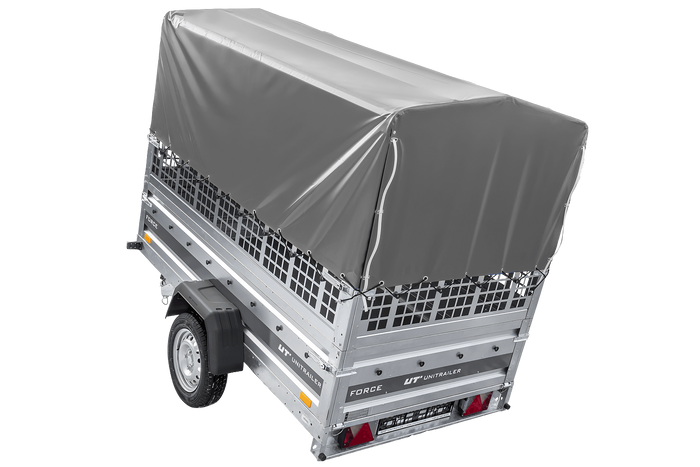 Enkelassige aanhanger 230x125 UNITRAILER FORCE 230 KIPP met gaaswanden, H-800 frame en grijze afdekking.