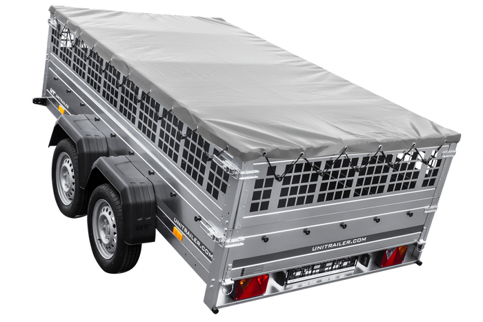 Lichte aanhanger 264x150 UNITRAILER GARDEN 265/2 KIPP met gaaswanden, H-0 frame en grijze afdekking