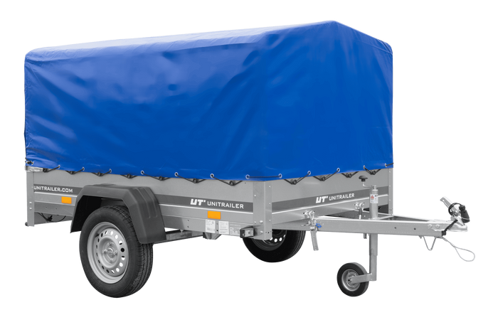Lichte aanhanger 200x125 UNITRAILER GARDEN 201 KIPP met H-800 frame en blauw dekzeil