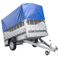 Enkelassige aanhanger 230x125 UNITRAILER FORCE 230 KIPP met gaaswanden, H-0 frame en blauwe afdekking.