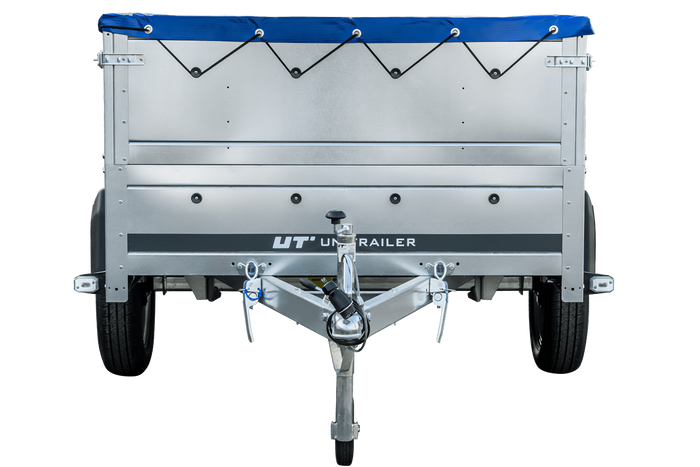 GARDEN TRAILER 230 KIPP MET STEUNWIEL, BIS ZIJKANTEN EN BLAUW PLAT TARPAU