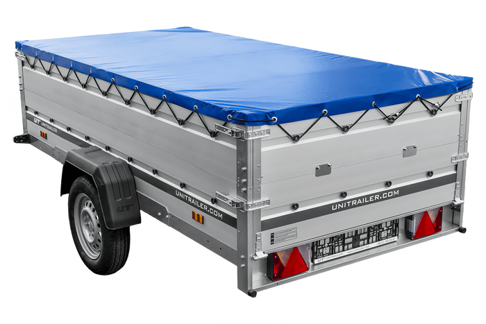 Enkelassige aanhanger met aluminium zijwanden 264x125 Unitrailer Garden 264 KIPP ALU met BIS-zijwanden, H-0 frame en blauwe afdekking