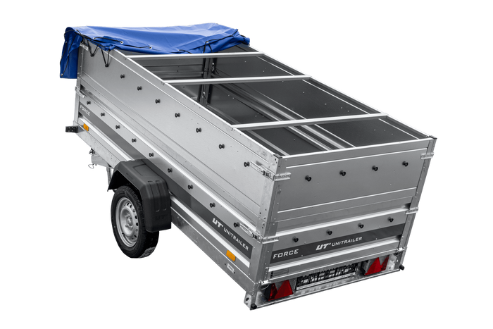 Lichte aanhanger 264x125 UNITRAILER FORCE 264 KIPP met BIS-zijwanden, H-0 frame en blauwe afdekking