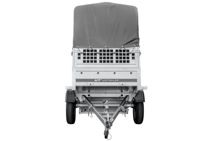 Autoaanhanger 200x106 UNITRAILER GARDEN 200 KIPP met gaaswanden, H-800 frame en grijze afdekking