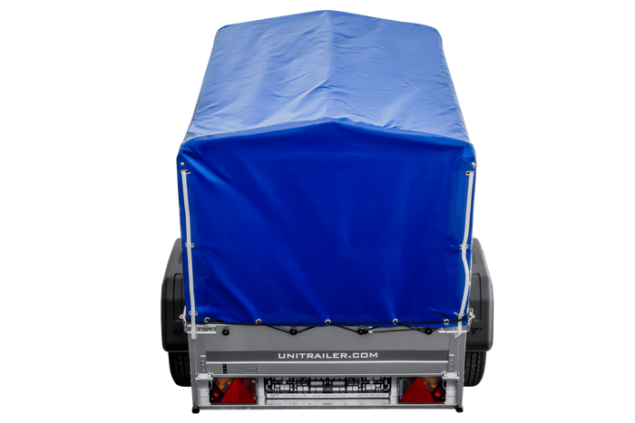 Lichte aanhangwagen Garden Trailer 150 KIPP met afmeting van 150x106 met blauwe zeil en huif MTM 750 KG 