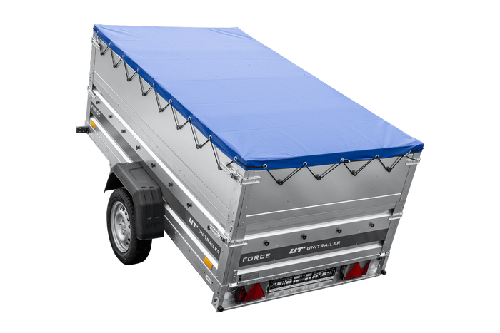 Lichte aanhanger 230x125 UNITRAILER FORCE 230 KIPP met BIS-zijwanden, H-0 frame en blauwe afdekking