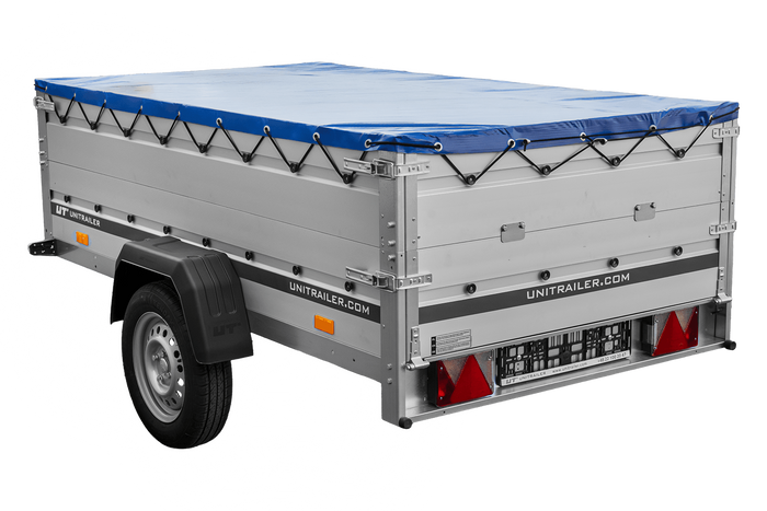 Enkelassige aanhanger met aluminium zijwanden 230x125 Unitrailer Garden 230 KIPP ALU met BIS-zijwanden, H-0 frame en blauwe afdekking