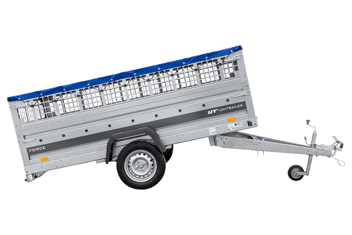 Enkelassige aanhanger op veren 264x125 UNITRAILER FORCE 264/R KIPP met gaaswanden, H-0 frame en blauw dekzeil