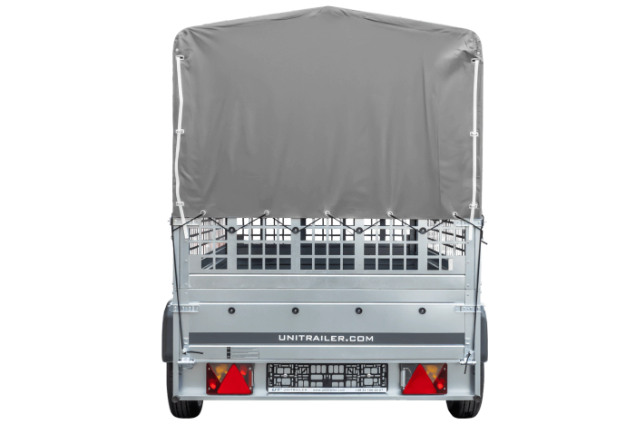 Autoaanhangwagen op veren 230x125 UNITRAILER GARDEN 230/R KIPP met gaaswanden, H-800 frame en grijze afdekking