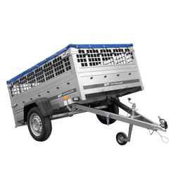 Enkelassige aanhanger 200x125 UNITRAILER GARDEN 201 KIPP met gaaswanden, H-0 frame en blauw dekzeil