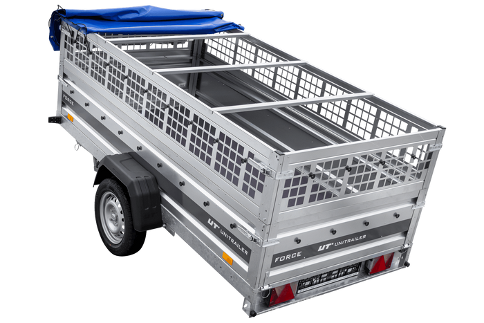 Enkelassige aanhanger op veren 264x125 UNITRAILER FORCE 264/R KIPP met gaaswanden, H-0 frame en blauw dekzeil