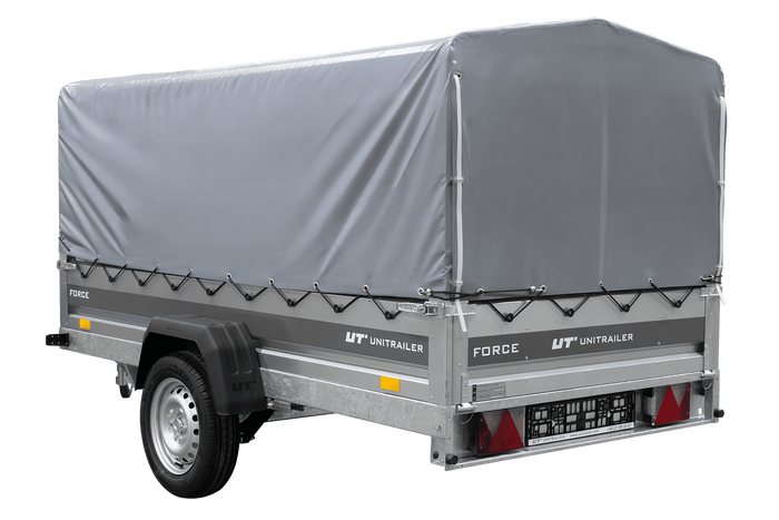Enkelassige aanhanger op veren 264x125 UNITRAILER FORCE 264/R KIPP met H-800 frame en grijze afdekking