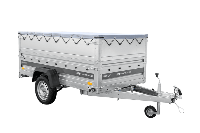 Autotransportaanhanger op veren 230x125 UNITRAILER FORCE 230/R KIPP met BIS-zijwanden, H-0 frame en grijze afdekking