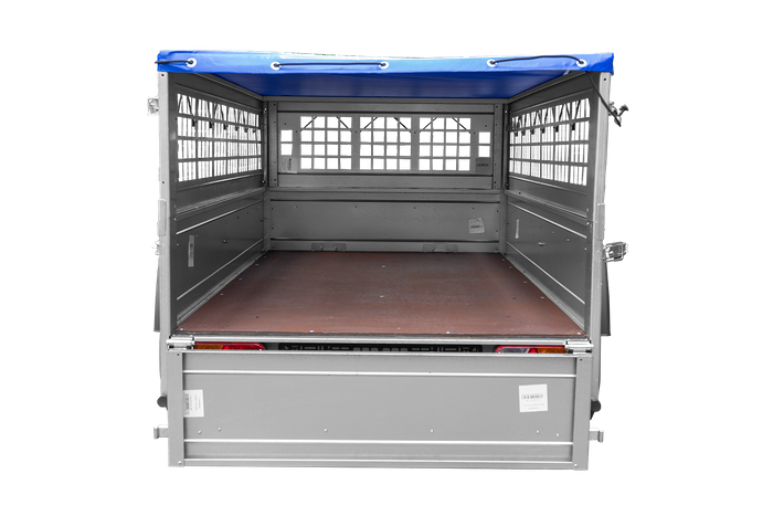 Garden trailer 200 kipp met steunwiel, gaaszijzijden en blauw plat dekzeil