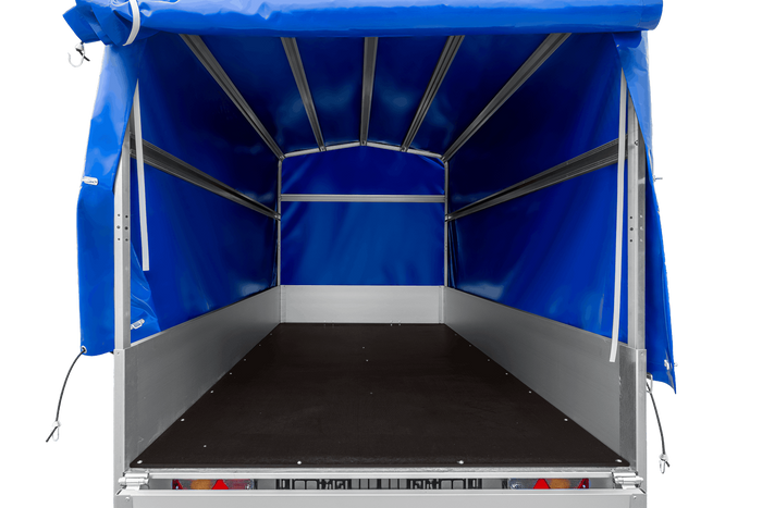 Tweeassige aanhanger met aluminium zijwanden 264x125 Unitrailer Garden 264/2 KIPP ALU met frame H-1100 en blauwe afdekking