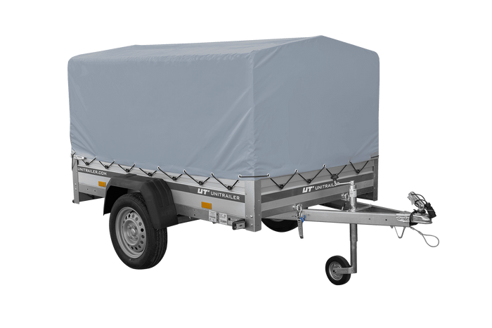 Enkelassige aanhanger met aluminium zijwanden 200x125 Unitrailer Garden 201 KIPP ALU met H-800 frame en grijze afdekking