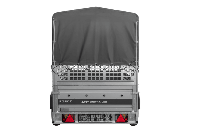 Autotrailer 264x125 UNITRAILER FORCE 264 KIPP met gaaswanden, H-800 frame en grijze afdekking